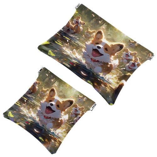 2Pcs Cute Cartoon Corgi-1455 Shrapnel Pouch: borsa compatta per il trucco per donne esperte di viaggio Multicolore
