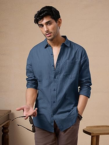 Image of The Souled Store Solid Linen: Beige Color Men and Boys Regular Outdoor Fit Full Sleeve Collared Neck Spread Collar Casual Wear Stylish Comfortable Premium Elegant Cotton Shirts