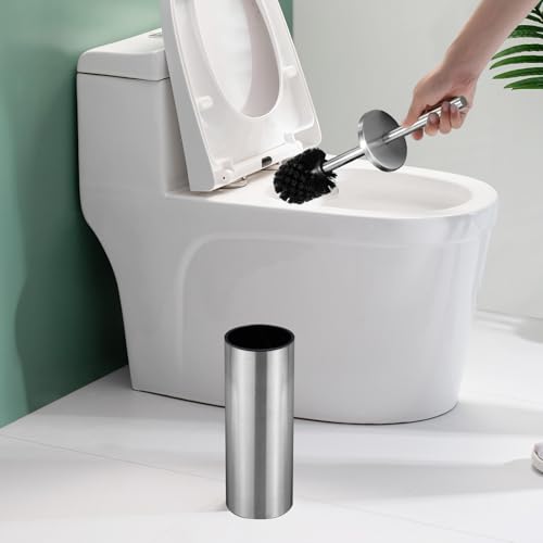 Image of Brushed Toilet Brush Stainless Steel Upright Toilet Cleaning Brush | Round brush head, removable inner bucket, splash-proof metal lid, dense bristles, with a long handle