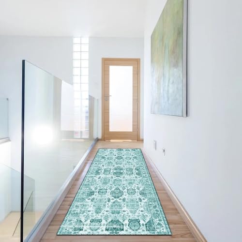 Alfombra lavable para pasillo con base antideslizante cian boho 90x200 6