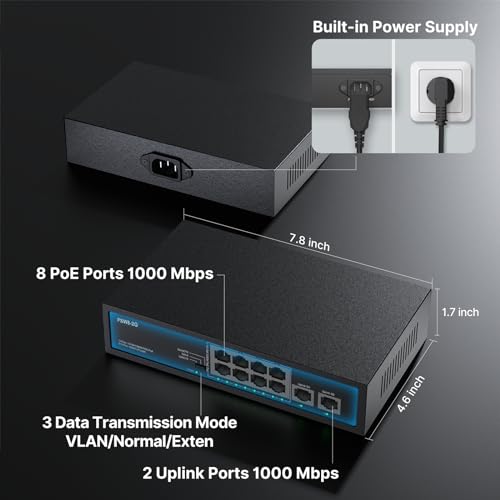 Image of 8 Port Full Gigabit PoE+ Switch with Rack Mount Ears, with 2 Gigabit Uplink Ports Up to 30W Per Port, Total Budget 120W, 48 Volt 802.3af /at Compliant, Compatible with PoE IP Cameras VOIP Phones