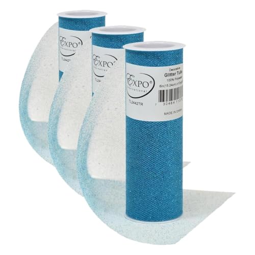Image of Expo International Decorative Glitter Tulle, Roll /Spool of 6 inch X 10 Yards, Lightweight Polyester Tulle Fabric for Costumes, Wedding, and Party Decorations, Washable, Easy-to-Use, Turquoise (Pack of 3)