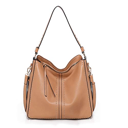 Montana West Large Leather Hobo Handbag for Women Concealed Carry Studded Shoulder Bag Crossbody Purse (Light Brown) MWC-1001LBR 