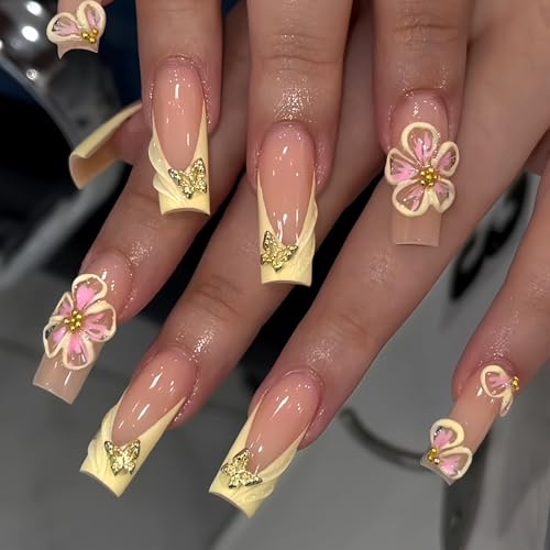 HOSAILY 3D Flower Butter Yellow French Tip Press on Nails Long Square with Embossed Floral Metal Butterfly Charms 24Pcs Full Kit Summer Daisy Design Full Cover Glue on Spring Fake False Nail for women