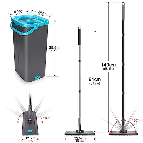 MASTERTOP Wischmopp Set mit Eimer, 2 in1 Bodenwischer mit Auswringfunktion für Nass-Trockennutzung, 141cm Flach Mopp Wischmop Set mit 6 Mikrofaser Pads für Alle Hartböden, Blau – Bild 6