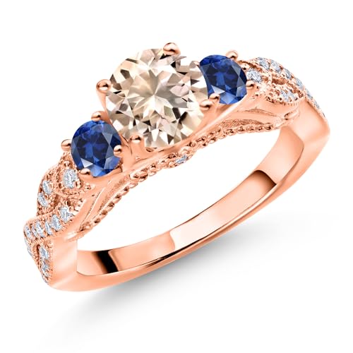 Gem Stone King 18K Rose Gold Plated Silver Peach Morganite Blue Created Sapphire and White Moissanite Engagement Ring For Women (1.15 Cttw, Gemstone October Birthstone, Round 6MM and 3MM)