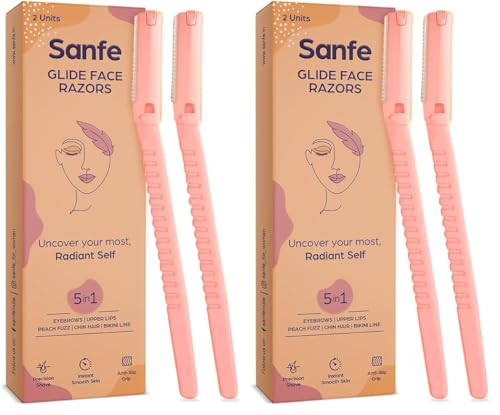Image of Sanfe Glide Face Razor For Facial Hair Removal For Women - Pack of 4 | Instant & Painless Hair Removal| Eyebrows, Upper lips, Chin, Side Locks, Forehead | Stainless steel blade & Firm Grip | Weekly Pack | Protective Sleeve