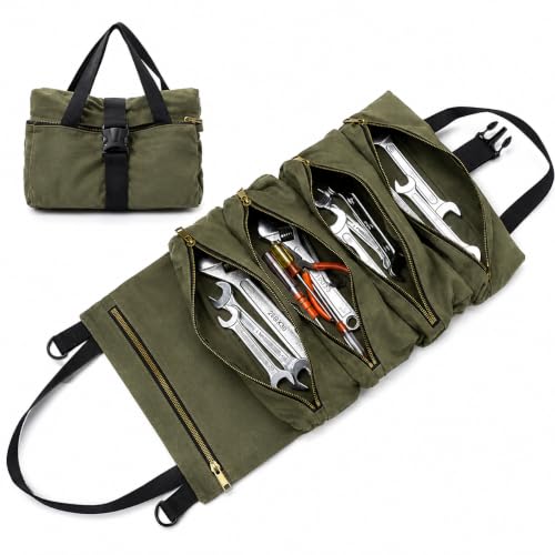 Image of Tool Roll Bag, Multi-Purpose Roll Up Tool Organizer, Canvas Wrench Roll, Heavy-Duty Tool Storage Bag, Portable Zipper Tool Carrier, Mechanic Tool Pouch, Car Camping Gear Organizer(Green)