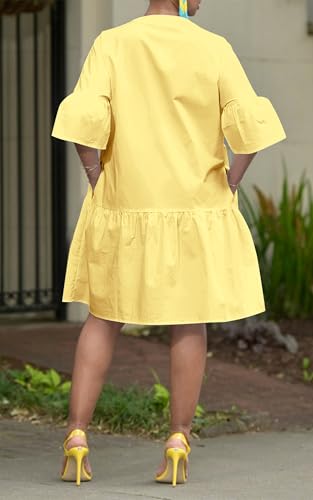 Image of Choichic Button Down Shirt Dresses for Women with Pockets Flare Bell Sleeve A-Line Midi Tunic Dress