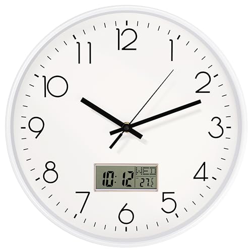 Lumuasky Horloge murale radio-pilotée numérique et analogique 30 cm - Écran LCD blanc avec heure, date, jour de la semaine et température - Commutable...