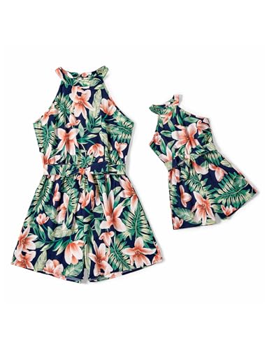 Image of PATPAT Mommy and Me Matching Set Allover Flower Print Halter Neck Tank Romper One-Piece Jumpsuits