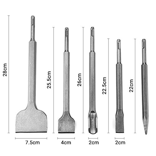Brocas de Cincel SDS Plus, Juego de cincel de martillo eléctrico Rotarys, Juego de Brocas de 5 Piezas, Juego de Cincel para Romper o Perforar en la Pared de Piedra de Hormigón