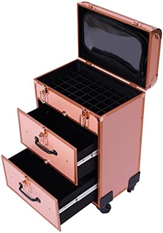 TOWOHIPPKI Makeup Train Case Trolley Makeup Box, Cosmetic Box Portable Makeup Case Organizer Storage Bag with Adjustable Dividers, Makeup Brushes Storage Organizer & Locks (Rolling Trolley -Rose Gold)
