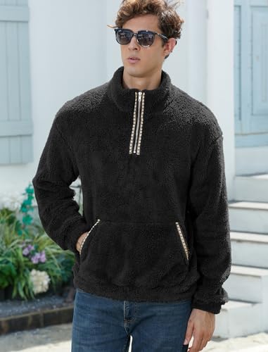 Image of ZAFUL Men 1 /4 Zipper Ethnic Aztec Fleece Unisex Winter Sweatshirt Tops 2026 | Funnel Neck Fluffy Polar Fleece Faux Sherpa Soft Thermal Pullover Kangaroo Pocket Jacket Hoodie Tops