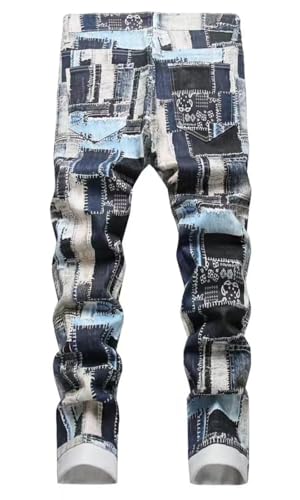 HENGAO Men's Patchwork Printed Jeans Stretch Slim Fit Skinny Jeans Casual Straight Leg Denim Pants2