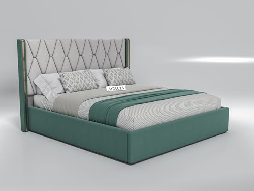 Image of Acacia Modern Upholstered Queen Size Bed with Box Storage for Bedroom | Wooden Double Bed with Storage | Platform Cot Bed with Upholstery Premium Fabric | 6.5 x 5 Ft, Sheesham Wood (Greendust & White)