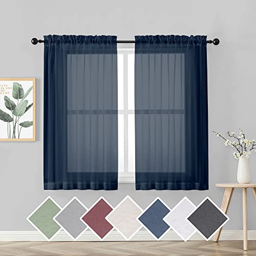 Image of OVZME Sheer Curtains 45 inches Long for Kitchen Curtains, Rod Pocket Clean Selvedge Voile Window Treatments, 2 Panels=84 Inches Width, Navy Blue.