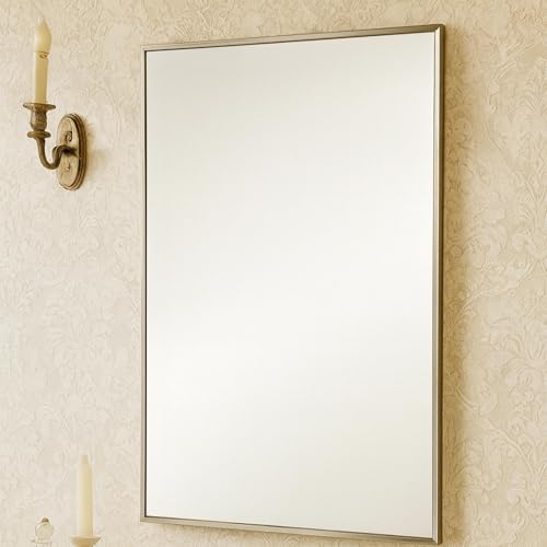 Image of TEHOME 24'' x 30'' Brushed Nickel Recessed and Surface Mount Bathroom Nickel Medicine Cabinet with Mirror Square Cornered Metal Framed Rounded Rectangle Medicine Cabinet Mirror