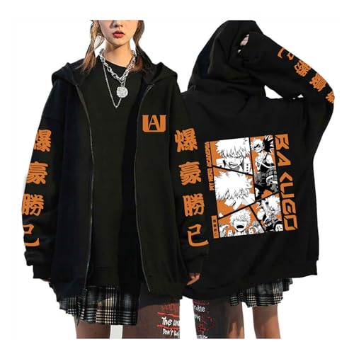 zhedu My Hero Academia Sudaderas con Cremallera Negro Manga Larga Cómodo Hip Hop Y2k Manga Jerseys Hombro Caído Dibujos Animados Anime Harajuku Chaquetas (Color 01,S)