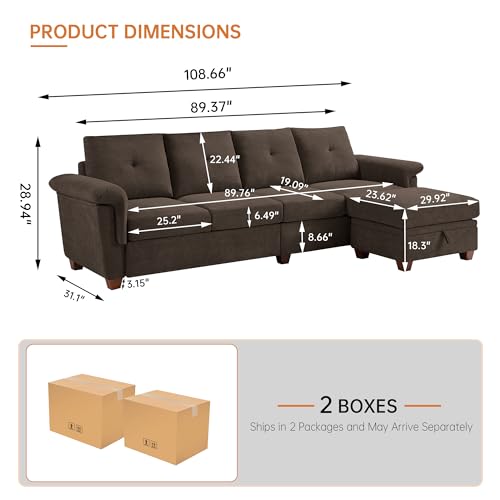 108" Sectional Sofa, Convertible L Shaped Sofa with Ottoman and Large Storage, 4 Seat Sectional Couch with Cup Holder, Couches for Living Room, Apartment, Office (Brown)