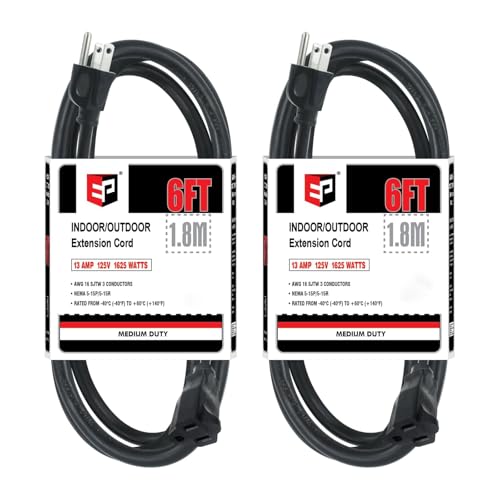 Image of EP 6FT Outdoor Extension Cord, 16 /3 SJTW Heavy Duty Black 2PK, ETL Listed
