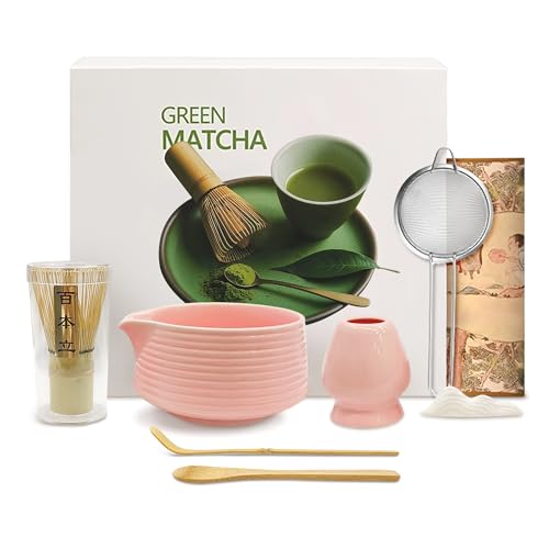 Mabecol Matcha Kit Rose 8 Pièce avec Bol Bec Verseur 510ml, Chasen Bambou, Support, Cuillère, Tamis, Kit Matcha Idéal CompletLatte, Petit Déjeuner, Cadeau...