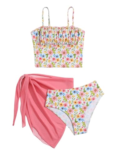 Image of WDIRARA Girl's 3 Pieces Floral Print Ruched Bikini Swimsuit Bathing Suits with Tie Side Beach Skirt