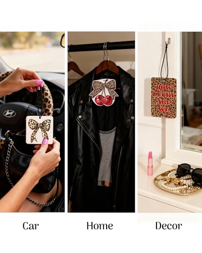 Image of Cheetah Print 5pcs Car Air Freshener Bow Coquette Leopard Print Car Accessories Automotive Interior Hanging Scents Mirror Decor for Women Teen Girls Red