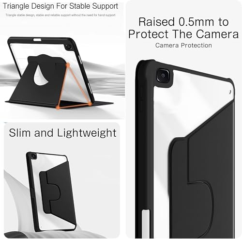Image of TGK Rotating Case for Samsung Galaxy Tab S6 Lite 10.4 inch SM-P610 P615 P613 P619 with Pencil Holder Trifold Stand Cover Clear Back (Black)