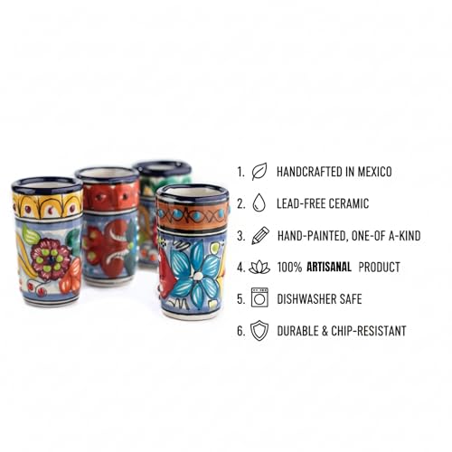 Image of Talavera Shot Glasses Set of 4 Authentic Mexican Tequila Shot Glasses - Hand-painted - 2 Oz (Colorful Talavera)