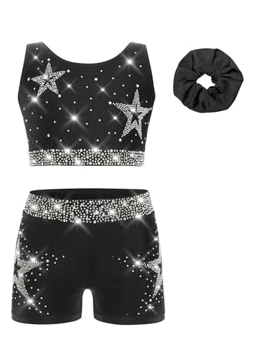 Kids Girls 3 Piece Gymnastic Dance Outfit Crop Top With Booty Shorts Hair Band Set For Yoga Training Black 14 Years