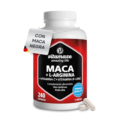 Vitamaze® Maca Andina 4000 mg + L Arginina 1800 mg + Vitamina C y Vitamina B + Zinc (240 Cápsulas) Maca Peruana Altamente Concentrada, sin Aditivos Innecesarios, Calidad Alemana.