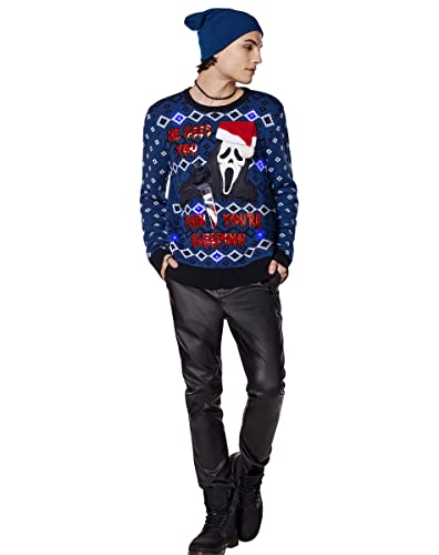 Spencer's Light-Up Ghost Face ® He Sees You Christmas Sweater | Officially Licensed Light-Up Christmas Sweater4
