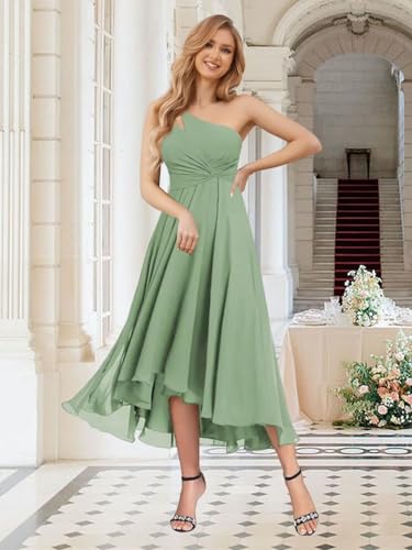 Aoruisen One Shoulder Bridesmaid Dresses for Women Chiffon Tea Length Pleated Formal Midi Dress2