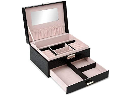 Bingo-Shop Schmuckkasten Damen Schmuckkästchen mit 1 Schublade Schmuckkoffer mit Spiegel für Frauen Schmuck-Organizer Schwarz Abschließbar Reise-Box für Ringe, Armbänder, Ohrringe, Samtfutter Cover