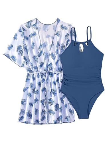 SHENHE Girl's One Piece Swimsuit with Cover Up Tropical Print Kimono Ruched Bathing Suit