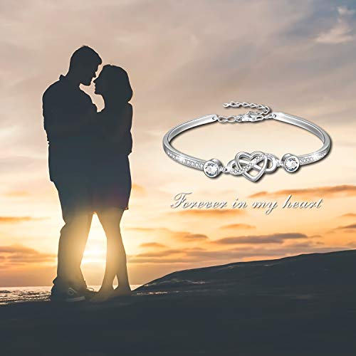 Image of AOBOCO 925 Sterling Silver Infinity Endless Love Heart Birthstone Bangle Bracelet - I Love You Forever Series Adjustable 6-8 in Bracelet with Crystals from Austria Romantic Birthday Jewelry Gift for Women Wife Girlfriend