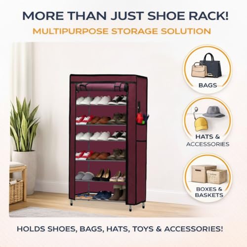 Image of Metal Shoe Stand with Cover, 6 Tier Shoe Organizer for Home & Office - Maroon