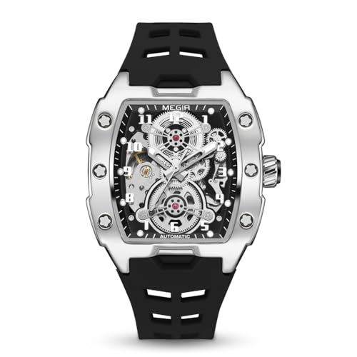 MEGIR Automatic Mechanical Men Watch, Silicone Band, 43x50mm Alloy Case, 3ATM Water Resistant, Luminous Hands, Black