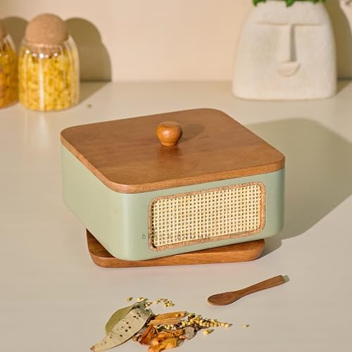 Image of Brick Brown Jali Wooden Masala Box with Lid | 9 Stainless Steel Containers & Wooden Spoon | Handcrafted Spice Box Organizer with 360 Rotating Base | Masala Dani for Kitchen Storage (8.3 x 4.3 Inch)