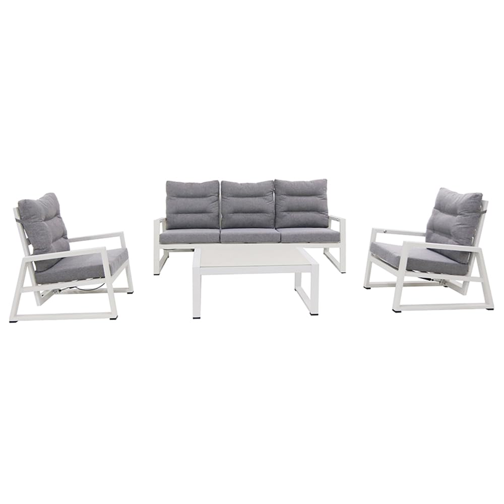 Salottino Lounge in alluminio MIKONOS PLUS bianco/grigio | Lounge da giardino con divano, tavolo, 2 poltrone e cuscini | Set di mobili da giardino in metallo da 5 persone