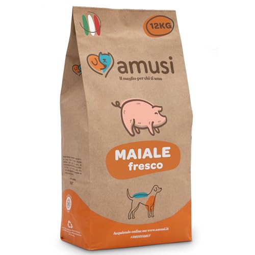 amusi Crocchette Cani Adulti Cibo Secco per Cani, 12 kg Maiale fresco, Patate e Piselli per una Pelle Sana, un Pelo Sano e il Benessere di Tutto il Corpo