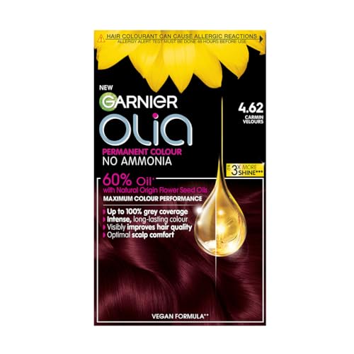 Garnier Olia 4.62 Dark Garnet Red, oil-powered, no-ammonia. 100% grey coverage. Luminous, long-lasting, vibrant dark garnet red hair color with ultimate shine and softness.