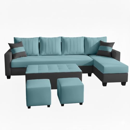 Image of FURNY Avenue 8 Seater Fabric RHS L Shape Sofa Set with 1 Centre Table & 2 Puffy (Sky Blue-Dark Grey) Premium Velvet Finish