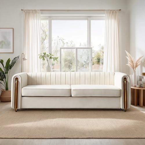 Image of KEIKI 84 inch Velvet Deep Channel Tufted Sofa with Back Cushions and Rolled Arms, Modern Style 3-Seater Couch with Golden Polished Steel Legs, Easy Assembly, for Living Room, Bedroom, Office, Beige