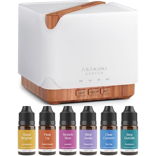 ASAKUKI Essential Oil Diffuser 700ml, Ultrasonic Aromatherapy Humidifier with Top 6 Essential Oils Set, 7 LED Colors, Timer & Auto-Off, Large Room Diffuser