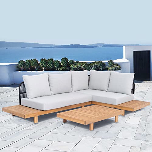 SKYLANTERN Salón de jardín en ángulo - gris claro - 5 personas - salón de jardín de aluminio y cuerda - Revestimiento de acacia 100% FSC Cover