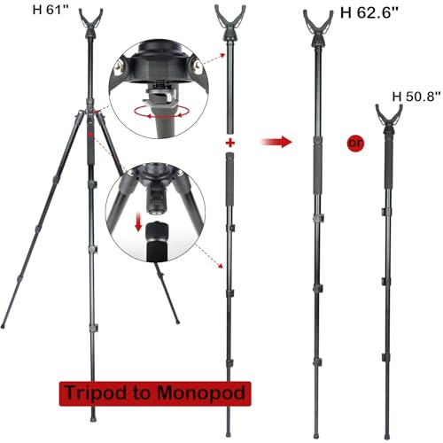 Image of Adjustable Shooting Tripod for Rifles Shooting Stick Level-Lock 3-in-1 Tripod Monopod Bipod, 22.8″-61″ Height, Lightweight Aluminum Alloy with Carrying Bag, Stable Rifle Rest for Hunting & Outdoor