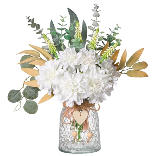 Faux Flowers with Vase Artificial White Dahlia Flowers in Vase Fake Eucalyptus Plant Floral Arrangement for Dining Table Centerpieces Home Kitchen Office Coffee Bathroom Decorations(White)