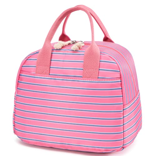 Image of LOVELYWIND Lunch Box for Women, Insulated Lunch Bag, Pink Striped Tote